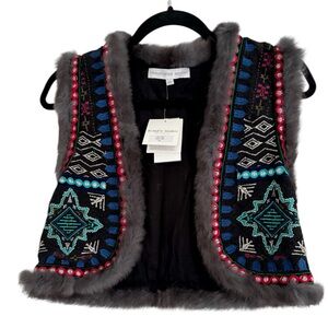 CHRISTOPHE SAUVAT Embroidered Fur Trim (Rabbit) Vest NWT